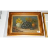 An oil on board still life fruit and flowers, G.