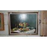 A framed oil on board still life study of fruit signed Eve Scholefield,