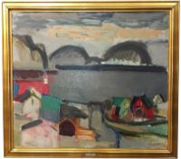 An abstract oil on canvas 'Faroe Islands' in gilt frame signed Ingalvur Av Reyni, 1920-2005,