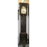 A carved oak brass faced Grandfather clock, Will Snow,