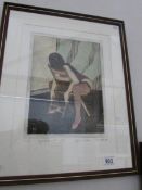 A limited edition hand coloured etching 1/15 on arches paper of posing seated lady, signed,