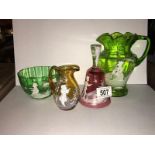 4 items of glass including 2 Mary Gregory