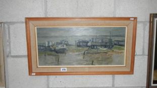 A Donal Donne 20th century oil on board of house boats on the Deben Felixstowe ferry signed and