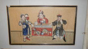 A 19th century signed Chinese painting on rice paper of a family tea ceremony A/F