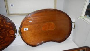 A mahogany inlaid kidney shaped tray