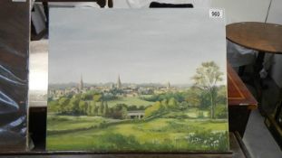 An oil on board view of Stafford from meadows