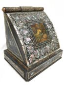 A superb hand painted Victorian writing box with fall front inlaid with mother of pearl and abalone