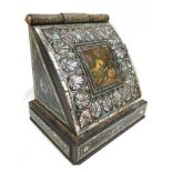 A superb hand painted Victorian writing box with fall front inlaid with mother of pearl and abalone