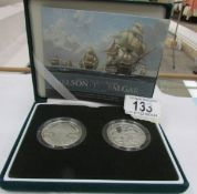 A Nelson - Trafalgar 2005 commemorative 2 coin silver Piedfort set