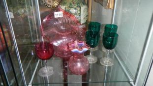 3 pieces of Victorian cranberry glass and 4 pieces of Victorian green glass