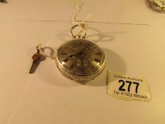 A silver pocket watch with silver dial,