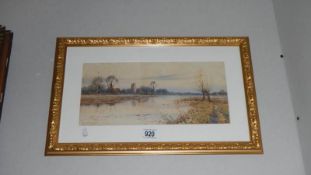 A framed and glazed watercolour 'Church on River' signed Robert Winter (Robert James Winchester