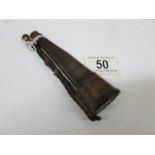 A small (5" long) 18th century horn and leather powder flask