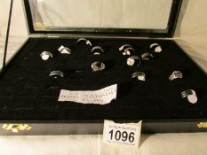 A display case containing 14 men's titanium rings