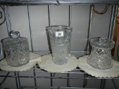 2 cut glass biscuit barrels and a cut glass vase