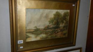 A watercolour rural scene featuring sheep, river and cottage,