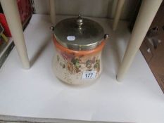 A Staffordshire 'Chrysanthemum' biscuit barrel with plated lid and handle