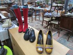 A pair of Lemon yellow patent leather and suede Kurt Geiger shoes,