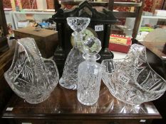 2 cut glass decanters and 2 cut glass baskets