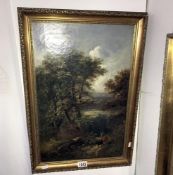 An oil rustic scene featuring cattle and river, signed J Butler, image approximately 33.