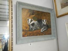 An original oil on board painting of badgers in a shabby chic frame