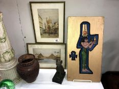 2 framed and glazed Egyptian scenes, an Egyptian cat,