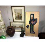 2 framed and glazed Egyptian scenes, an Egyptian cat,