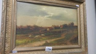 A 19th century oil on canvas rural scene with farm buildings and sheep (no signature)