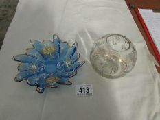 A hand decorated glass dish and posy vase