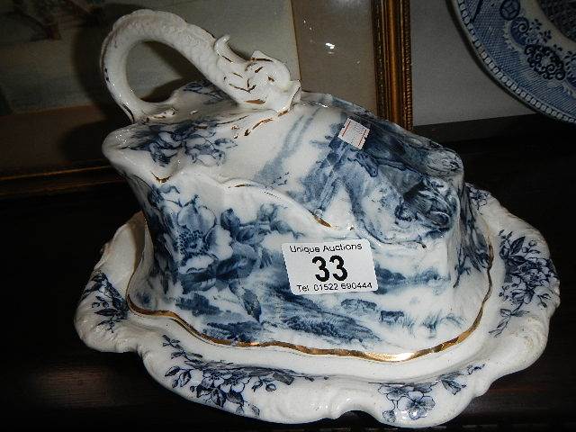 A blue and white cheese dish