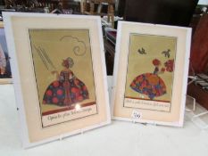 2 water colour illustrations of ladies in floral dresses signed Elsie Denise Millon (1897-1983)