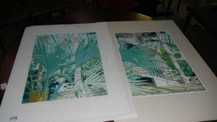 2 unframed Ken Fleming prints entitled Tropical House 1 and Tropical House 2