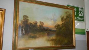A framed oil on canvas 'River scene at daybreak'