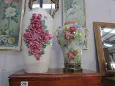 A large vase encrusted with roses and an a/f Staffordshire vase