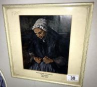 A framed and glazed print of an old woman entitled Woman with Rosary by Paul Cezanne 1839-1906