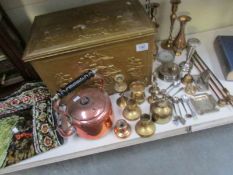 A brass log box and other brass ware