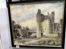 A framed and glazed print depicting castle ruins