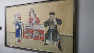 A 19th Century signed Chinese painting on rice paper of a scene from a Chinese play,