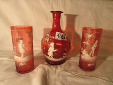 3 pieces of Mary Gregory cranberry glass