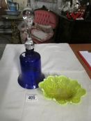 A Bristol blue glass bell and a yellow vaseline glass dish