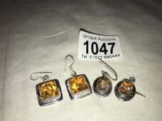 2 pairs of 925 silver earrings with Australian amber insets