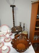 An oak smokers stand, a pair of candlesticks,