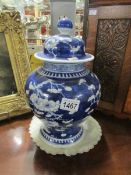 A blue and white ginger jar