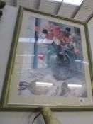 A framed and glazed study of a vase of tulips