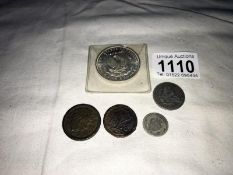 6 American coins, 1851 gold $1 (pierced), 1855 $1, 1892 quarter dollar, 1896 one dime,