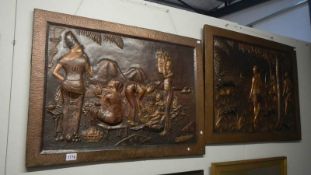 A pair of large copper wall plaques depicting central African scenes marked Mwanza