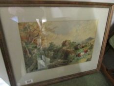 A framed and glazed watercolour featuring cattle