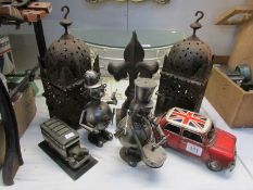 A mixed lot of metal ware including figures, lanterns,