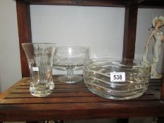 2 glass bowls (one engraved) and a glass vase
