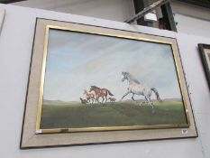 An oil on canvas painting of a stallion with mares by R, McWhirter,